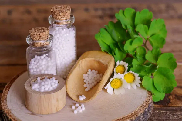 Tıbbi cam şişeler ve kaseler tahta masa üzerinde, globulilerle dolu. Taze yeşil yapraklı dekor. Homeopati konzepti.