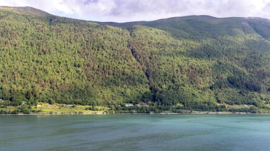 Andalsnes, Norveç. Norveç 'in kutup dairesindeki dağların, renkli şehirlerin ve yolcu gemilerinin güzel manzaraları.