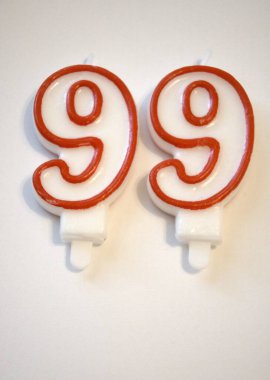 Pembe ve beyaz 99 numaralı doğum günü mumunun yakın plan temiz beyaz arka planda izole edilmiş hali..