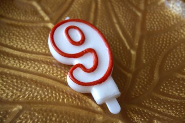 Dokuz numaralı doğum günü mumunun yakın plan resmi. Yaprak damarı desenli dekoratif bir tabağa yerleştirilmiş. En küçük arkaplan.