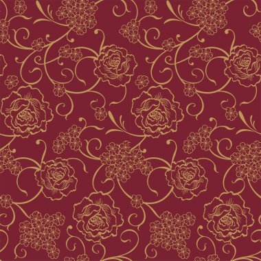Burgonya arka planında, kağıt hediye paketi ve kumaş baskısı için kıvrımlı, kusursuz altın güller.