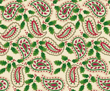 Kusursuz Noel Paisley ve Holly Kağıt Hediye Paketi ve Kumaş Baskısı İçin Yapraklar