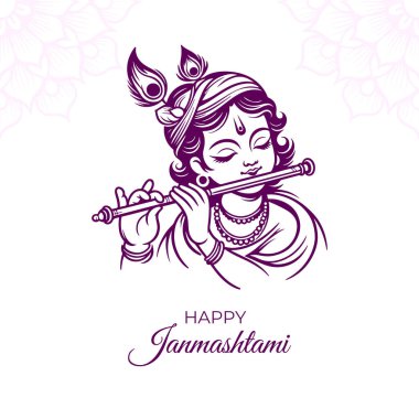 Hindu festivali Janmashtami 'yi kutlamak için tavus kuşu tüyleriyle süslenmiş bir flüt çalan Lord Krishna' nın zarif bir çizimi. Festivalsel metin ile minimal mor tasarım