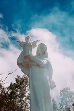 Blue Sky Flowers ve Mother Mary Statue Sahne Sahil Manzaralı Vung Tau Plajı.