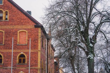 Büyülü kış mevsiminde büyüleyici küçük bir köyde zarif bir şekilde dönen karlı bir yol.