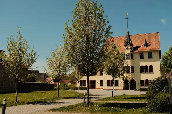 Güneşli bir günde taşlı kaldırım taşları ve dekoratif ağaçları olan küçük kasaba mimari unsurları. Yüksek kalite fotoğraf