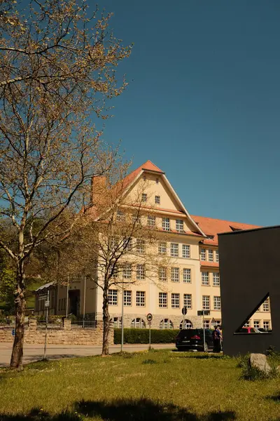 Güneşli bir günde taşlı kaldırım taşları ve dekoratif ağaçları olan küçük kasaba mimari unsurları. Yüksek kalite fotoğraf