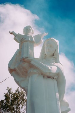 Blue Sky Flowers ve Mother Mary Statue Sahne Sahil Manzaralı Vung Tau Plajı.