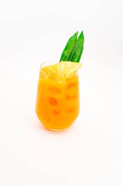 Turuncu turunçgil kokteyli, şeffaf camla servis edilen tropikal yaprak garnitürü, temiz beyaz arka planda buzun üzerinde. Yüksek kalite fotoğraf