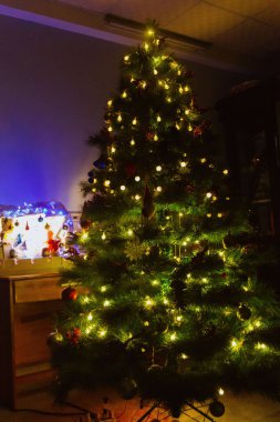Noel Ağacı Kitap ve İsa 'nın Doğumu Sahnesi Şenlik Dekorasyonları ve Sıcak Mevsimlik Atmosfer. Yüksek kalite fotoğraf