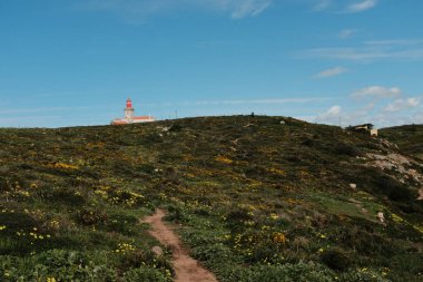 Bereketli yeşil tepeler ve engebeli arazi mavi gökyüzü ve dağılmış bulutlar Cabo da Roca Sintra Portekiz doğal manzarası manzaralı yürüyüş patikasından bitki örtüsü