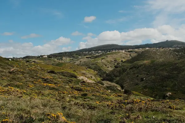 Bereketli yeşil tepeler ve engebeli arazi mavi gökyüzü ve dağılmış bulutlar Cabo da Roca Sintra Portekiz doğal manzarası manzaralı yürüyüş patikasından bitki örtüsü