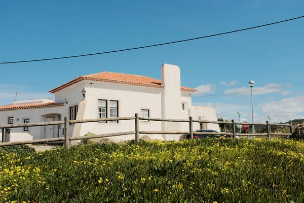 Cabo da roca sintra Portekiz kırsal seyahat mimarisi yakınlarındaki açık mavi gökyüzünün altında bahar sarısı yaban çiçeği tarlasında kırmızı kiremitli geleneksel Portekiz beyaz evi. Yüksek kalite