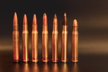 Değişen tasarım mermili yedi tüfek fişeği, dikey olarak yansıtıcı karanlık bir yüzeye yerleştirilmiş, işlevselliklerini vurguluyor.