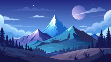 Peaceful Digital Illustration of Snowy Mountains at Night with Starry Sky clipart