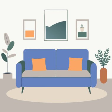 Stylish Living Room with Sofa, Pillows, and Framed Wall Art clipart