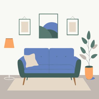 Stylish Living Room with Sofa, Pillows, and Framed Wall Art clipart