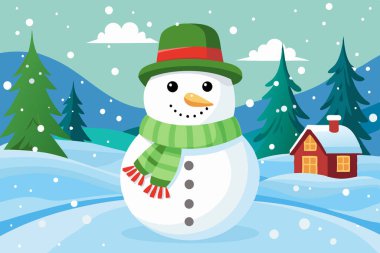 Festive Snowman Illustration in a Serene Winter Landscape clipart