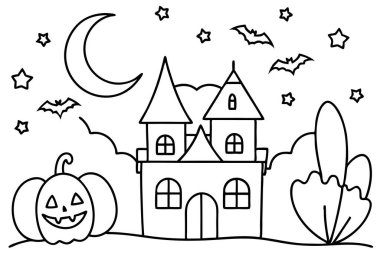 Spooky Haunted House with Eerie Sky, Trees, and Halloween Decorations clipart