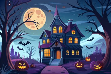 Spooky Haunted House with Eerie Sky, Trees, and Halloween Decorations clipart