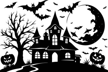 Spooky Haunted House with Eerie Sky, Trees, and Halloween Decorations clipart