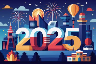 Festive City Skyline with Fireworks and '2025' for New Year Celebration clipart