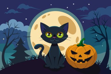 Eerie Halloween Art with Full Moon and Pumpkin Decor clipart