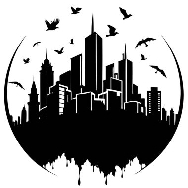 Minimalist City Skyline in Circle with Peaceful Sky and Birds clipart