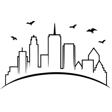 Minimalist City Skyline in Circle with Peaceful Sky and Birds clipart