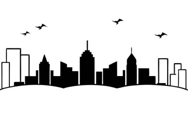 Minimalist City Skyline in Circle with Peaceful Sky and Birds clipart