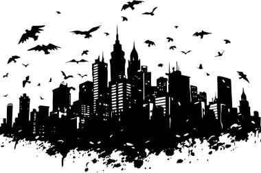 Minimalist City Skyline in Circle with Peaceful Sky and Birds clipart