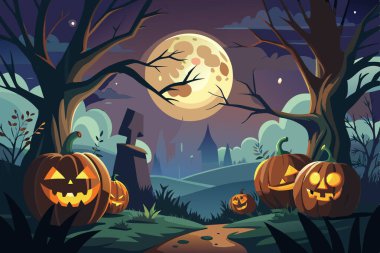 Spooky Halloween Night Scene with Pumpkins clipart