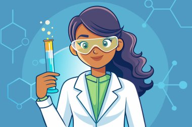 Test tüpü resimli laboratuvar önlüklü genç kadın bilim adamı.
