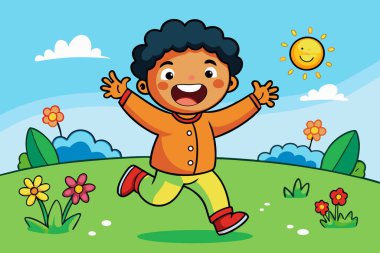 Smiling Young Boy Enjoying the Sunshine in a Vibrant Meadow clipart