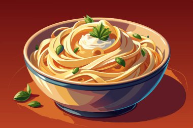 Fun and Playful Spaghetti Bowl Illustration with Sesame and Basil Topping clipart