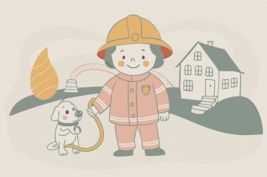 Cartoon Fireman and Fire Truck Illustration clipart