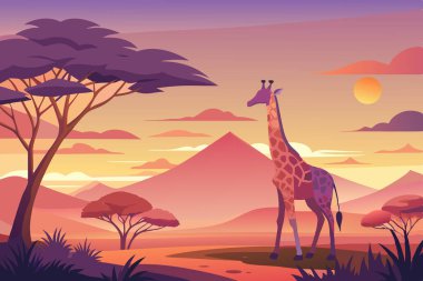 Afrika Vahşi Hayatı 'nda Zürafa ve Siluetli Ağaçlarla Güzel Gün Batımı