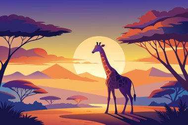 Beautiful Sunset with Giraffe and Silhouetted Trees in African Wildlife clipart