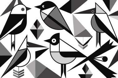 Minimalist Group of Birds Illustration with Unique Geometric Designs clipart