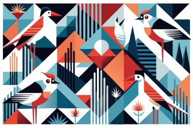 Minimalist Group of Birds Illustration with Unique Geometric Designs clipart