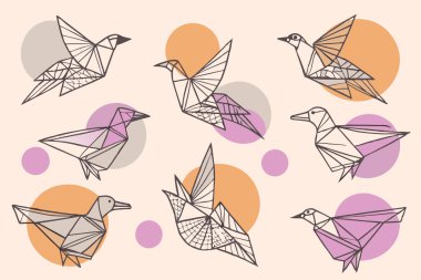 Minimalist Group of Birds Illustration with Unique Geometric Designs clipart