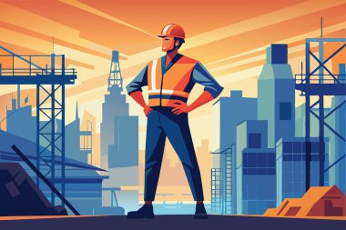 Illustration of a Construction Worker in Front of a Cityscape at Sunset clipart