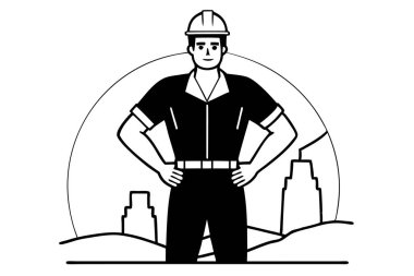 Illustration of a Construction Worker in Front of a Cityscape at Sunset clipart