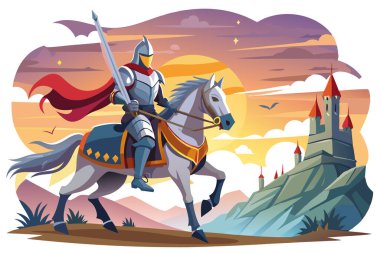 Brave Knight Riding a Horse in Vibrant Fantasy Illustration clipart