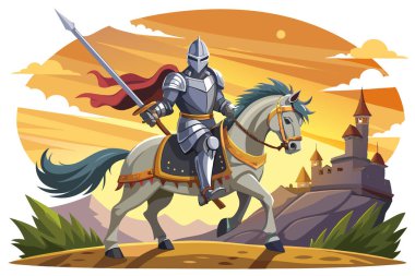 Brave Knight Riding a Horse in Vibrant Fantasy Illustration clipart