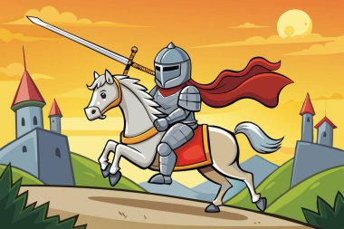 Brave Knight Riding a Horse in Vibrant Fantasy Illustration clipart