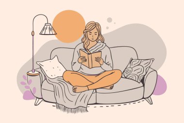 Koltukta kitap tutan bir kadının rahatlatıcı ev illüstrasyonu