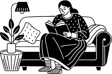 Koltukta kitap tutan bir kadının rahatlatıcı ev illüstrasyonu