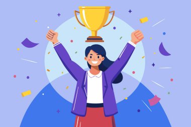 Vector Illustration of a Happy Woman Holding a Victory Trophy clipart