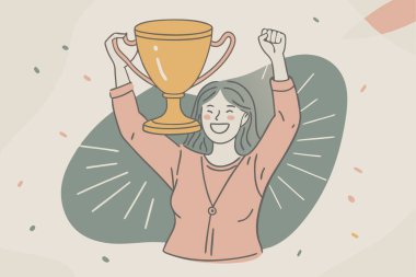 Vector Illustration of a Happy Woman Holding a Victory Trophy clipart